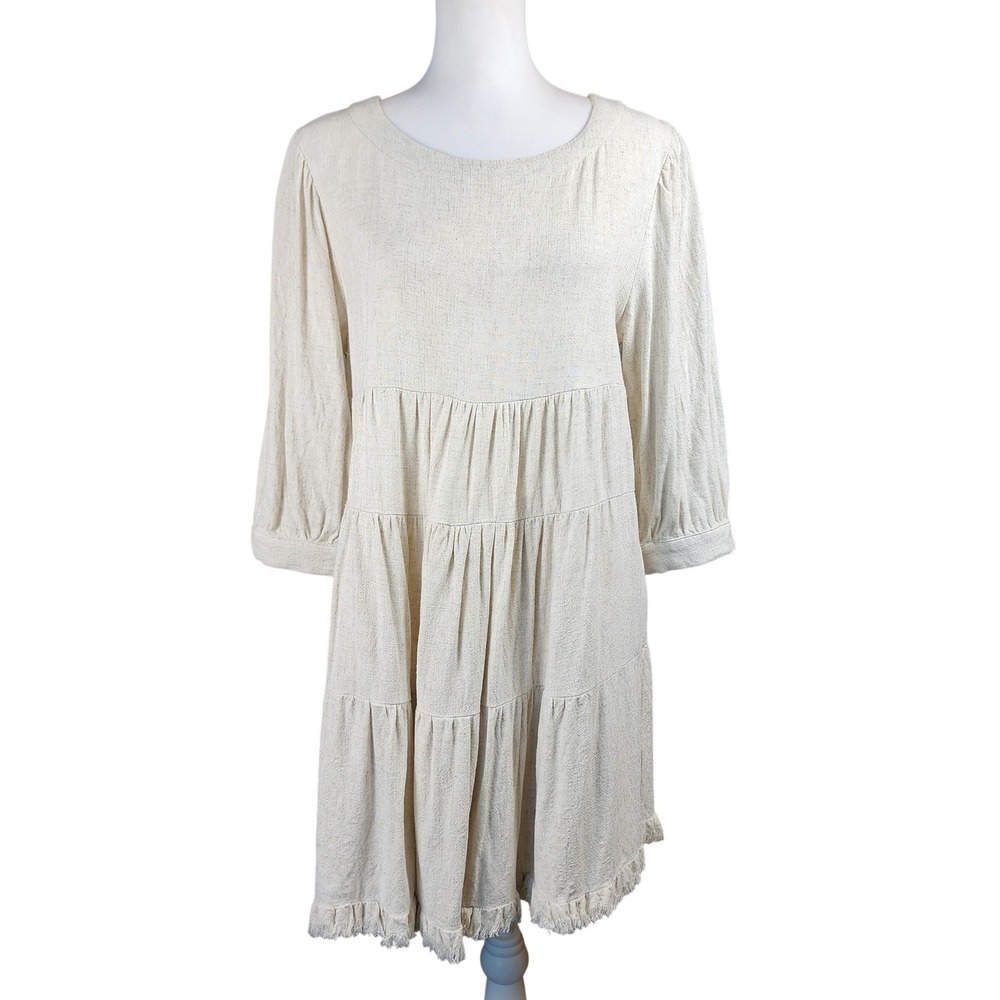 Umgee Linen Blend Mini Dress Womens Medium Oatmeal Beige Tiered Frayed Hem Boho